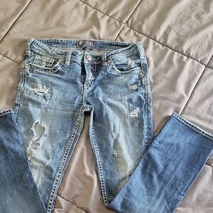 Silver Jeans Light Blue Distressed Straight Leg Jeans